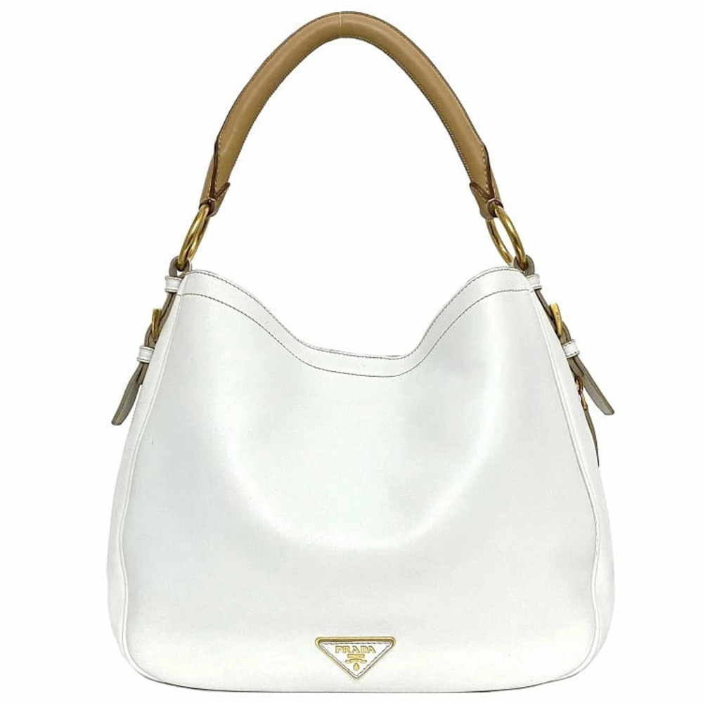 Prada One Shoulder Hobo Bag White Beige Shoulder Triangle Plate Shoulder